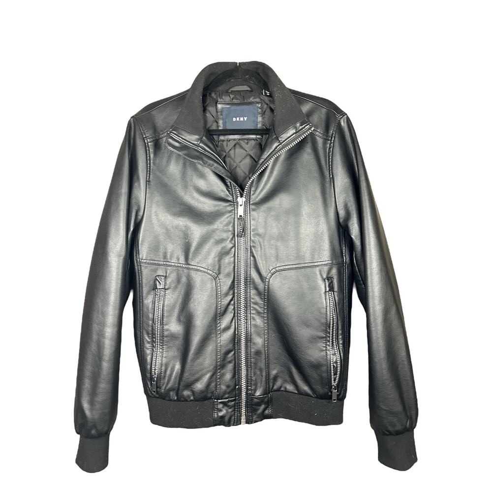 Women’s DKNY Black Zip Up Faux Leather Long Sleeve Bomber Jacket Size Small